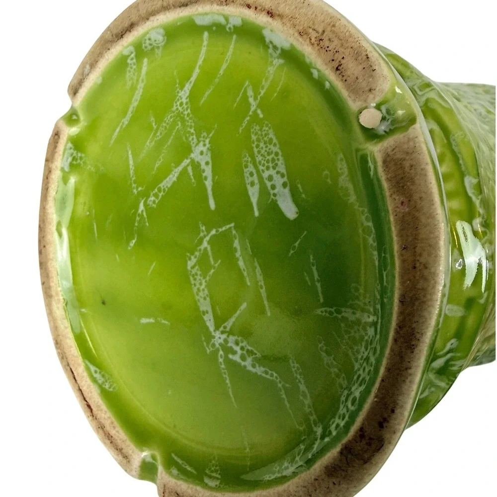 Vintage Lime Green White Drip Glaze Ceramic Vase Textured Floral Embossed 9.25in